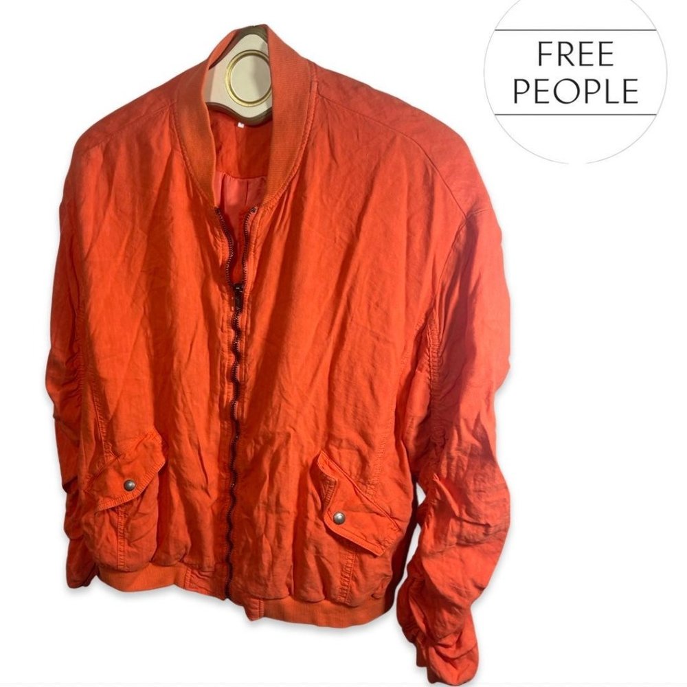 Free People Linen Ruched Bomber Jacket Orange Size M (up to XL)